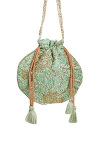 Mint Green Embroidered Silk Potli image 6
