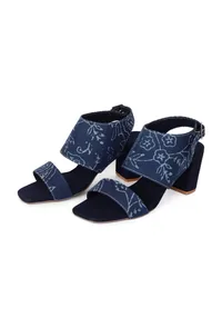 Indigo floral Cotton Strappy Block Heels image 2