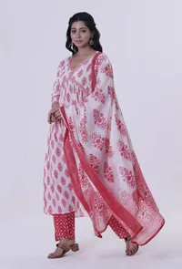 White Cotton Dupatta with Pink Motif image 1