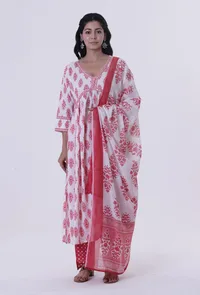 White Cotton Dupatta with Pink Motif image 3