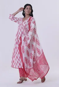 White Cotton Dupatta with Pink Motif image 4