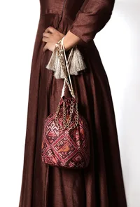 Geetika Maroon & Multi Silk Patola Print Potli With Tassels image 1