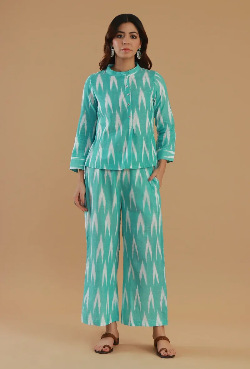 Set of 2: Aqua Ikat Cotton Kurta & Wide-Leg Pant