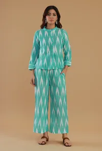 Set of 2: Aqua Ikat Cotton Kurta & Wide-Leg Pant image 1