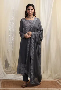 Set Of 3. Anchor Grey Boat Neck Kurta, Straight Pants & Dupatta image 1