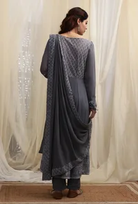 Set Of 3. Anchor Grey Boat Neck Kurta, Straight Pants & Dupatta image 2