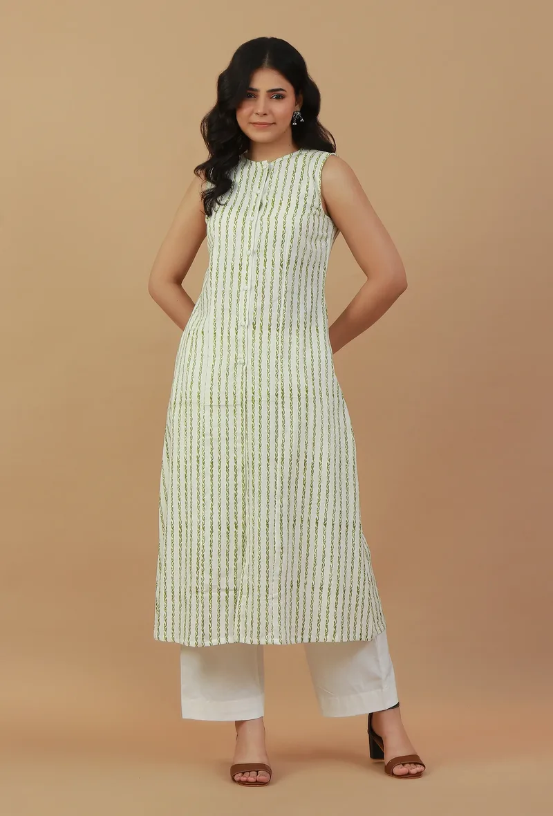 Set of 2: Ivory Olive Hand Block Printed Kurta & White Cotton Pant