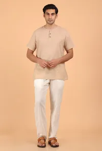 Cream Cotton Mulmul Short Kurta & White Pant image 1