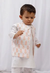 Orange Block Printed Floral Nehru Jacket image 1