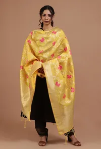 Yellow Color Semi Silk Dupatta With Zari Weaving image 1