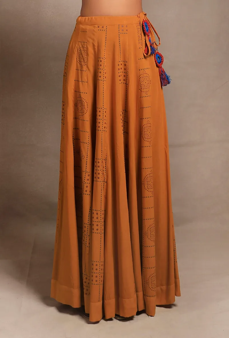 Mustard Yellow Hand Block Printed Kalidar Long Skirt