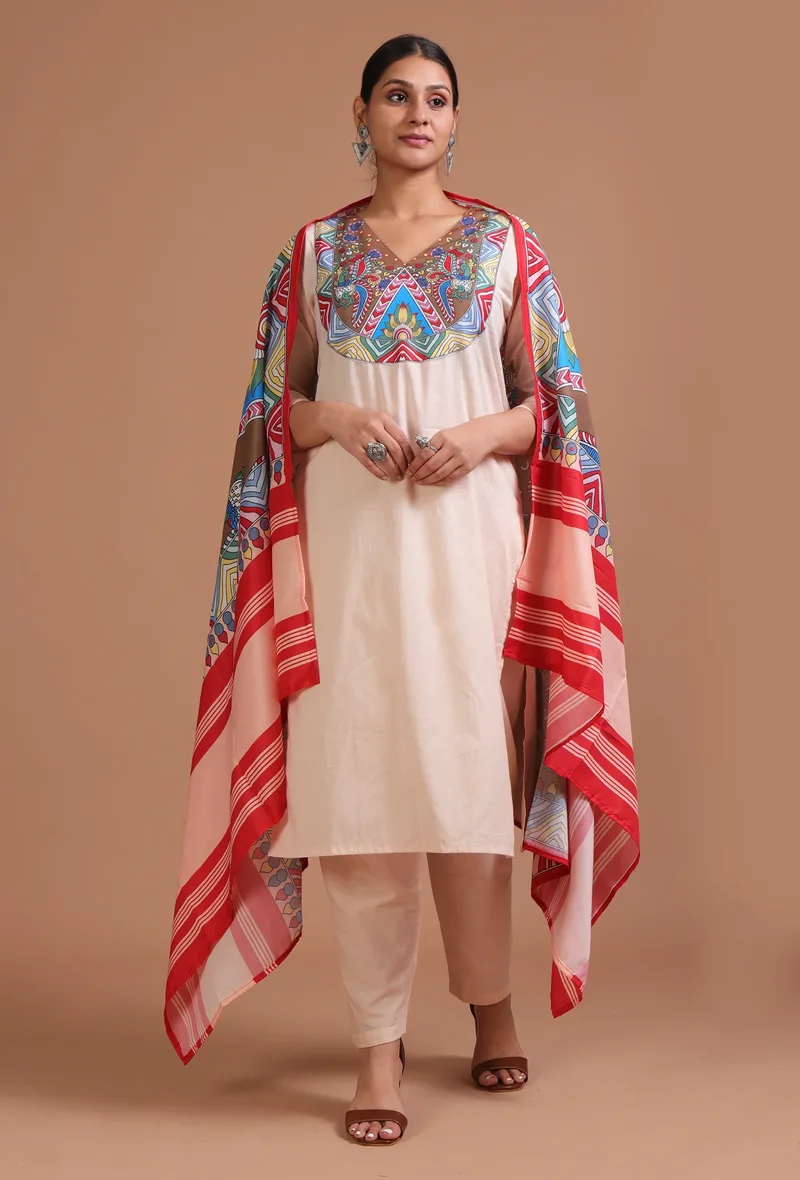 Set Of 3: Off White & Red Cotton Printed Kurta With Pant & Dupatta