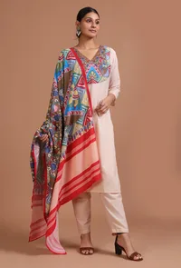 Set Of 3: Off White & Red Cotton Printed Kurta With Pant & Dupatta image 2