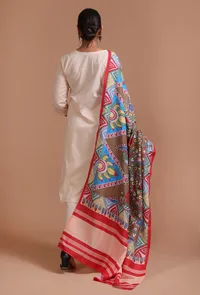 Set Of 3: Off White & Red Cotton Printed Kurta With Pant & Dupatta image 3