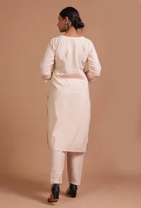 Set Of 3: Off White & Red Cotton Printed Kurta With Pant & Dupatta image 6