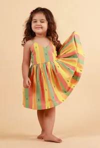 Yellow Striped Flared Woven Dress image 1