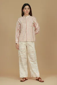 Set of 2 Beige Striped Cotton Shirt & Khadi-Inspired Wide-Leg Pants image 1