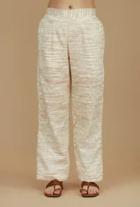 Set of 2 Beige Striped Cotton Shirt & Khadi-Inspired Wide-Leg Pants image 4