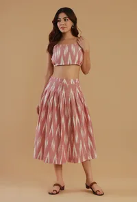 Set of 2: Pink Ikat Cotton Crop Top & Pleated Skirt Co-ord Set image 1