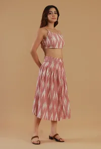 Set of 2: Pink Ikat Cotton Crop Top & Pleated Skirt Co-ord Set image 2