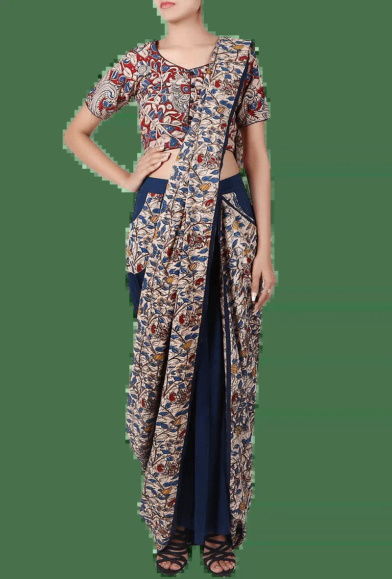 Navy Blue Pure Cotton Stitched Saree With Detachable Kalamkari Pallu