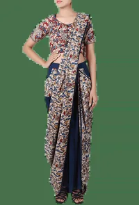 Navy Blue Pure Cotton Stitched Saree With Detachable Kalamkari Pallu image 1