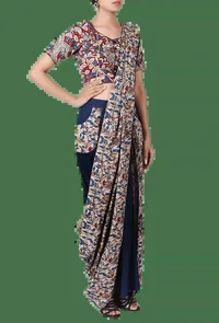 Navy Blue Pure Cotton Stitched Saree With Detachable Kalamkari Pallu image 2