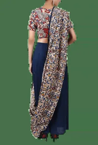 Navy Blue Pure Cotton Stitched Saree With Detachable Kalamkari Pallu image 3