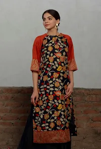 Navy-Orange Kalamkari Printed Cotton Silk Straight Kurta image 2