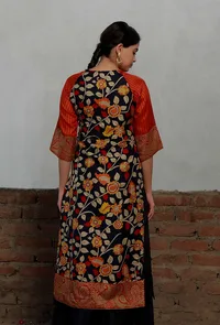 Navy-Orange Kalamkari Printed Cotton Silk Straight Kurta image 3