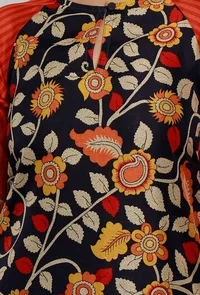 Navy-Orange Kalamkari Printed Cotton Silk Straight Kurta image 4