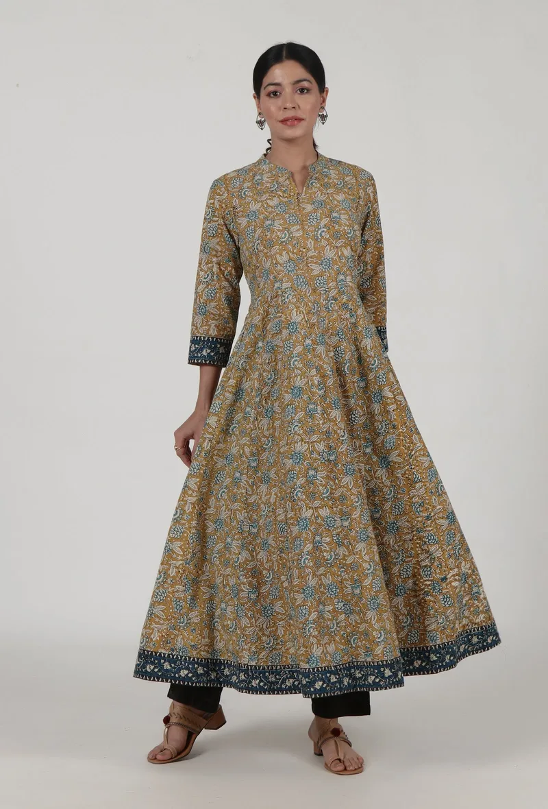 Set Of 2: Ajrakh Printed Brown Cotton Anarkali & Pant Set