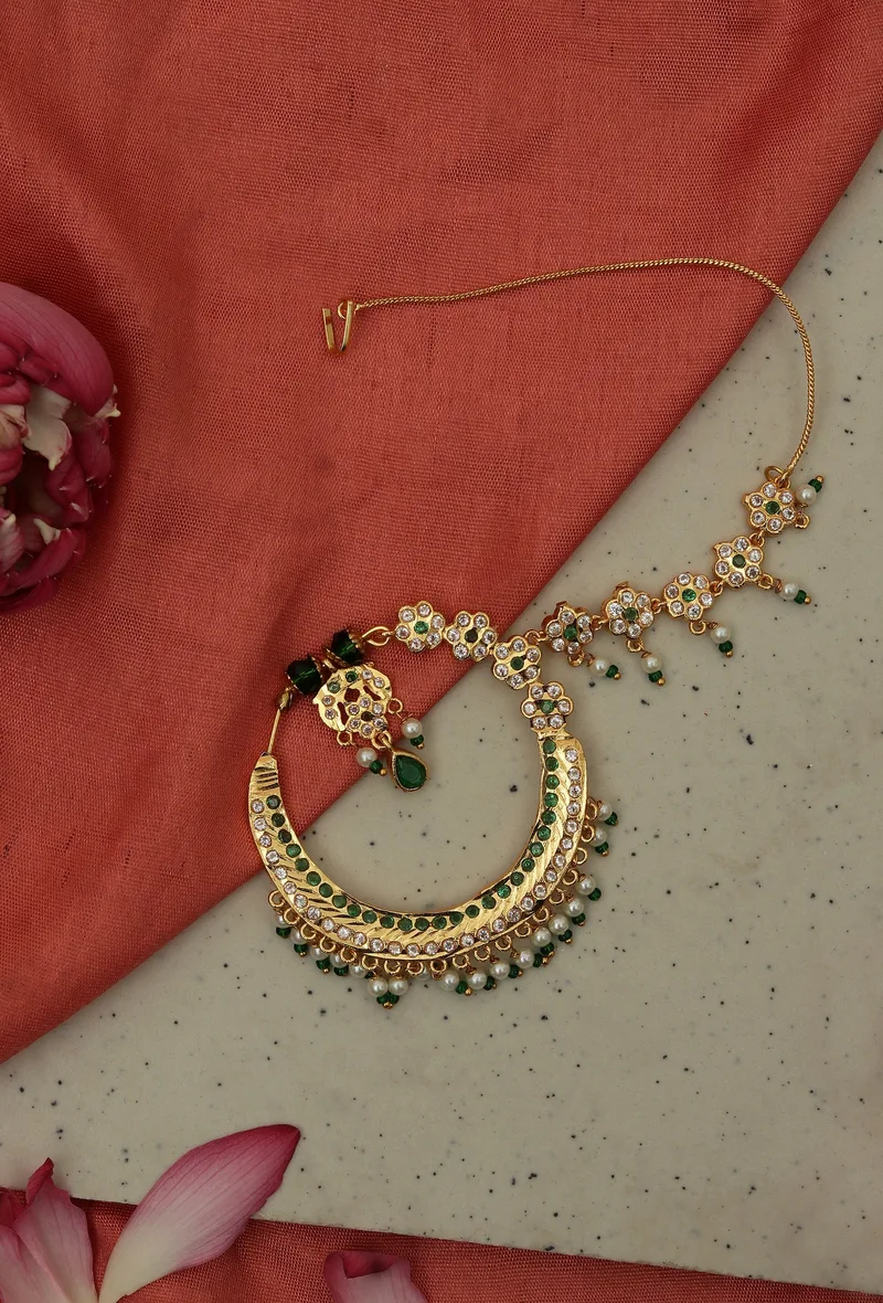 Green Kundan Crescent Nath with Pearl Drops