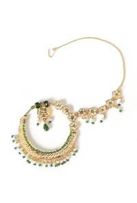Green Kundan Crescent Nath with Pearl Drops image 2