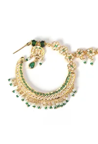 Green Kundan Crescent Nath with Pearl Drops image 3