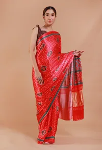 Red Digital Print Modal Silk Saree image 1
