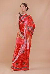 Red Digital Print Modal Silk Saree image 3