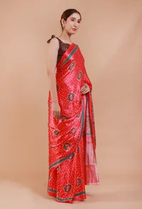 Red Digital Print Modal Silk Saree image 4