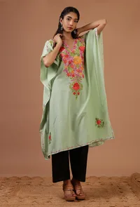 Sea Mist Cotton Crush Ari Embroidered Kaftan- Free Size image 1