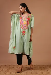 Sea Mist Cotton Crush Ari Embroidered Kaftan- Free Size image 2