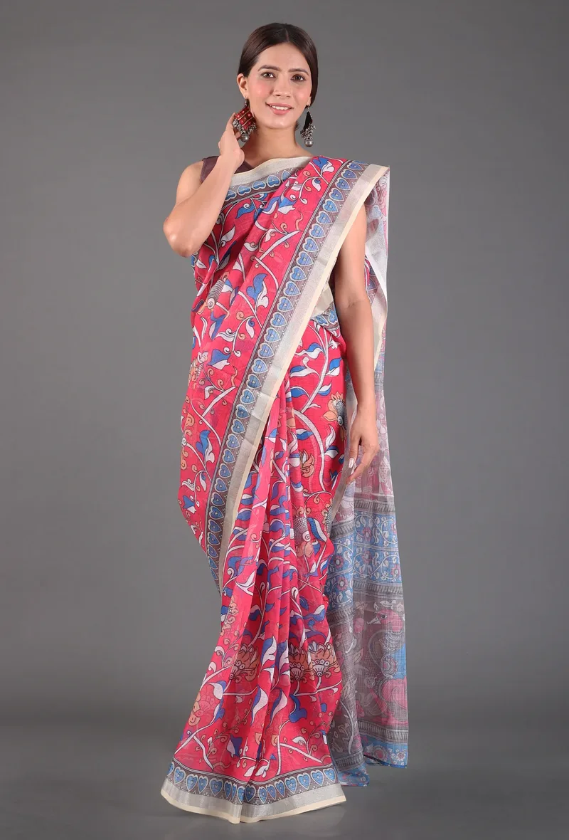 Set of 2: Pink Kalamkari Print Cotton Saree with Blouse