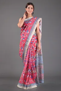 Set of 2: Pink Kalamkari Print Cotton Saree with Blouse image 1