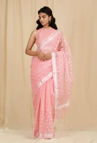 Set Of 2: Rose Pink Kota Doria Cotton Saree With 
Stitched Blouse image 2