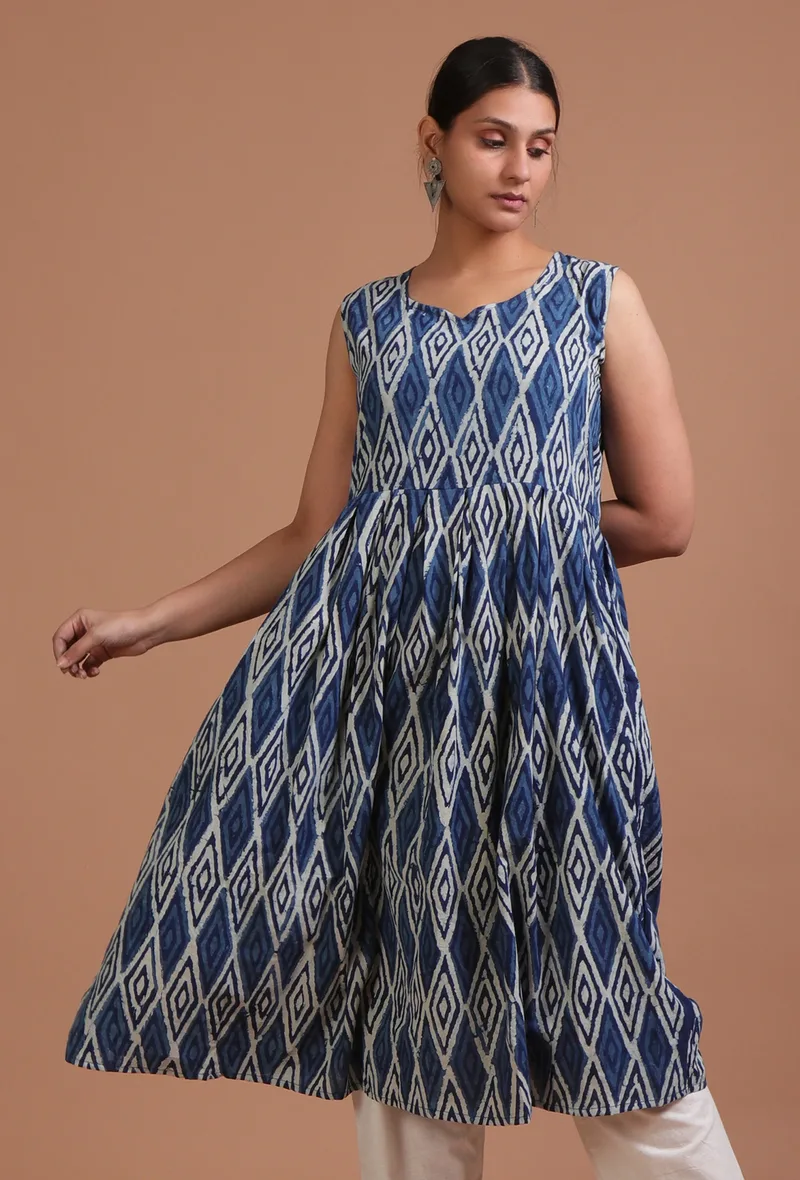 Blue Color Cotton Printed Dress