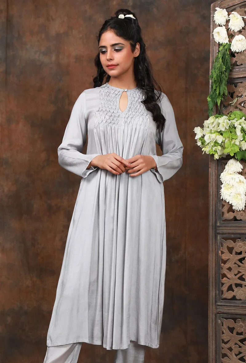 Solid Slate gray front gather kurta w/ smocking detailing on yoke