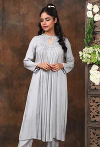 Solid Slate gray front gather kurta w/ smocking detailing on yoke image 1