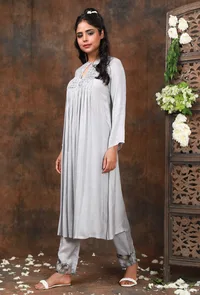 Solid Slate gray front gather kurta w/ smocking detailing on yoke image 2