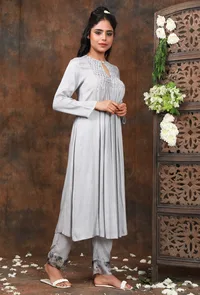 Solid Slate gray front gather kurta w/ smocking detailing on yoke image 3
