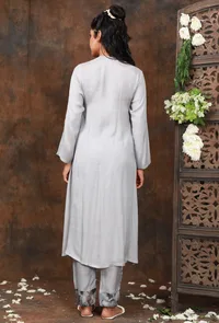 Solid Slate gray front gather kurta w/ smocking detailing on yoke image 4