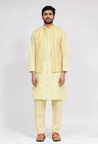 Set of 3: Yellow Stripe Nehru Jacket With Yellow Dobby Button Down Kurta and Pajama image 1